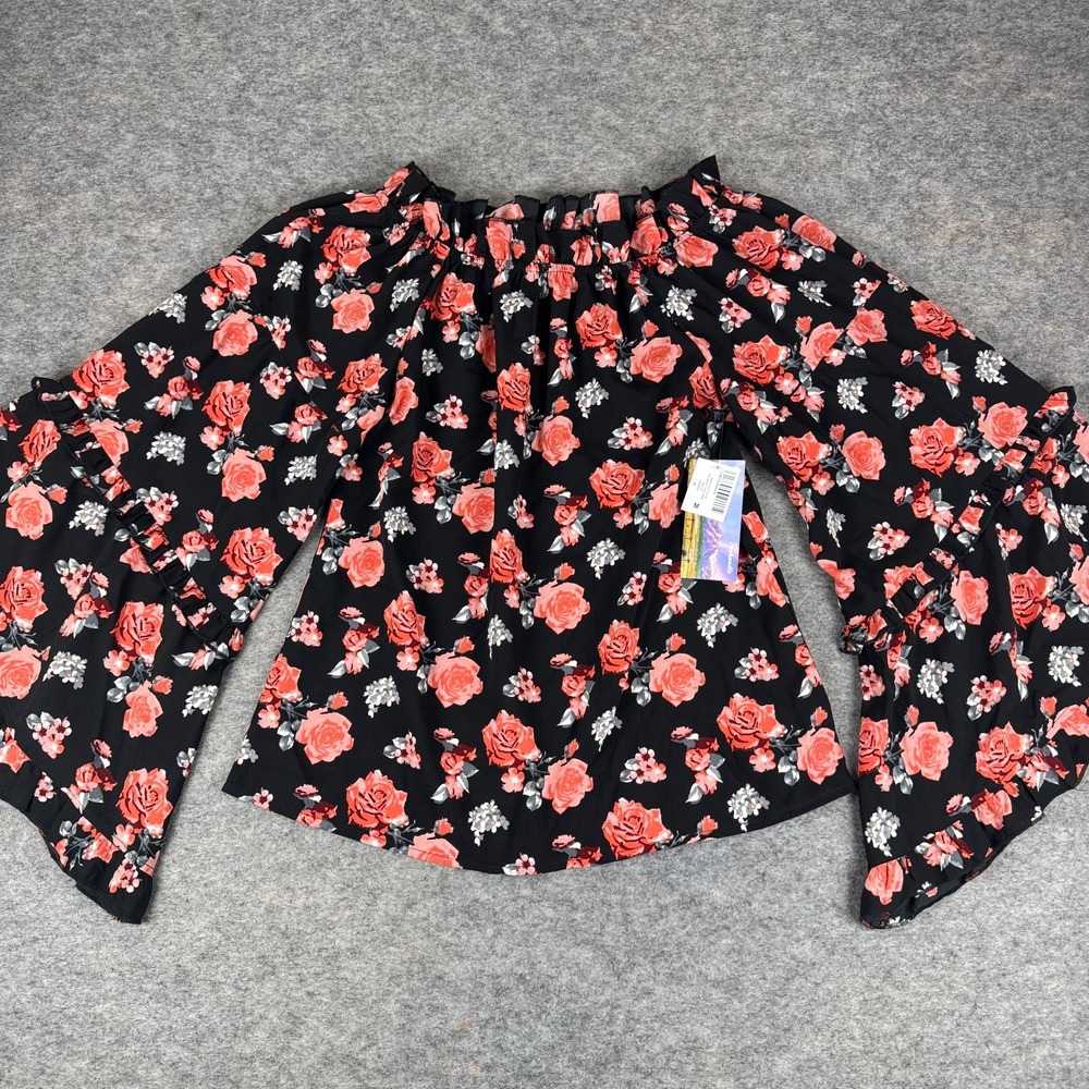 Panhandle Bell Sleeve Top Blouse Off‎ Shoulder Floral Black Womens Medium M